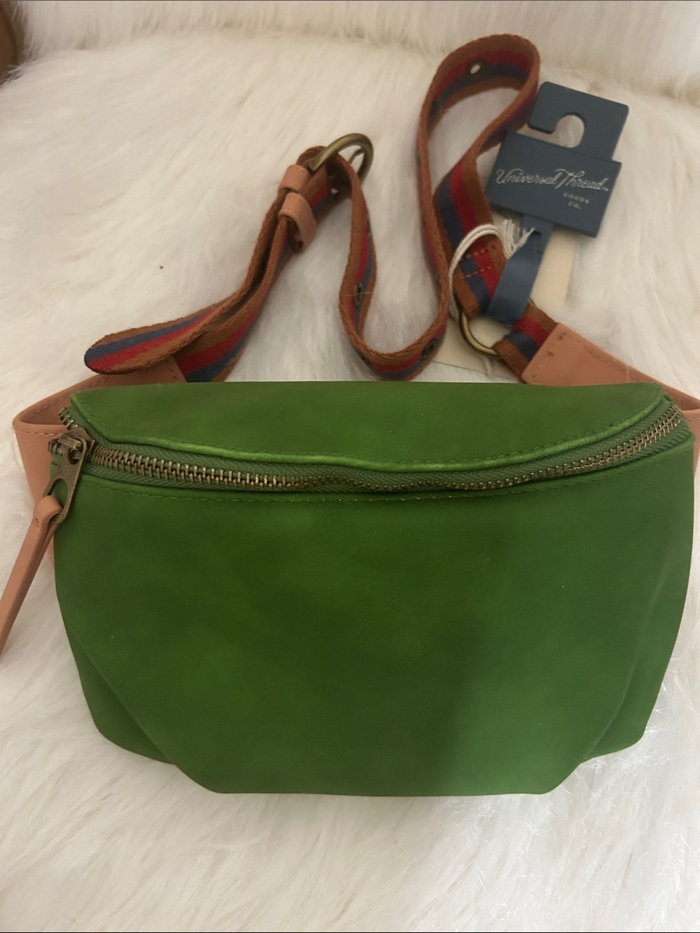 Universal Thread Green Leather Crossbody Belt Bag with Striped Strap